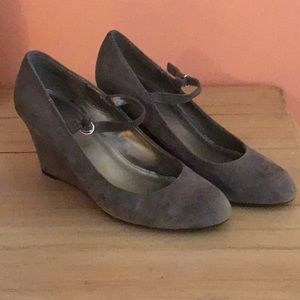 Gray suede Mary Jane wedge